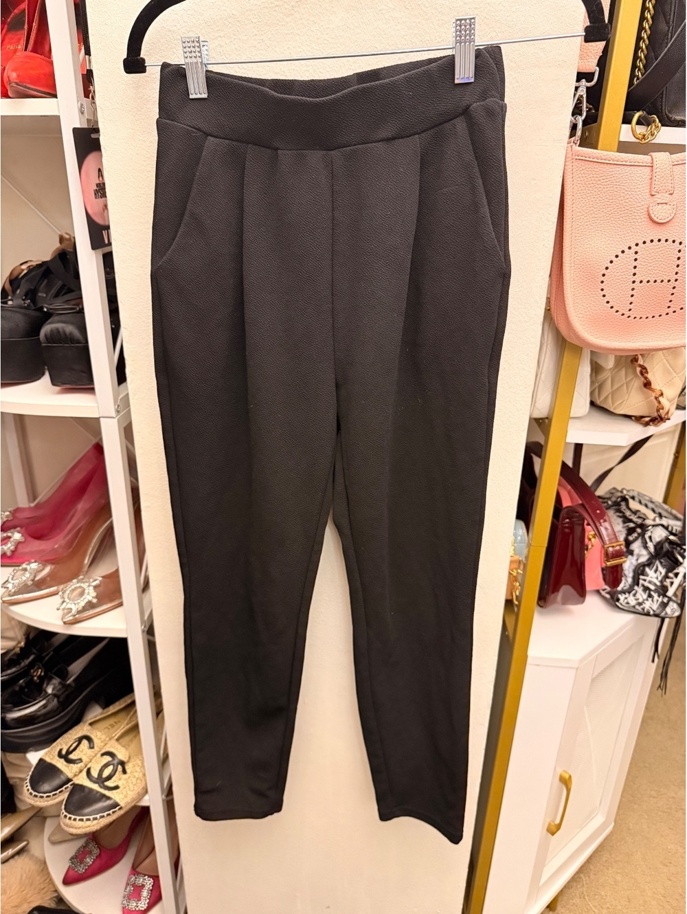 Black Textured Casual Pants with Pockets
